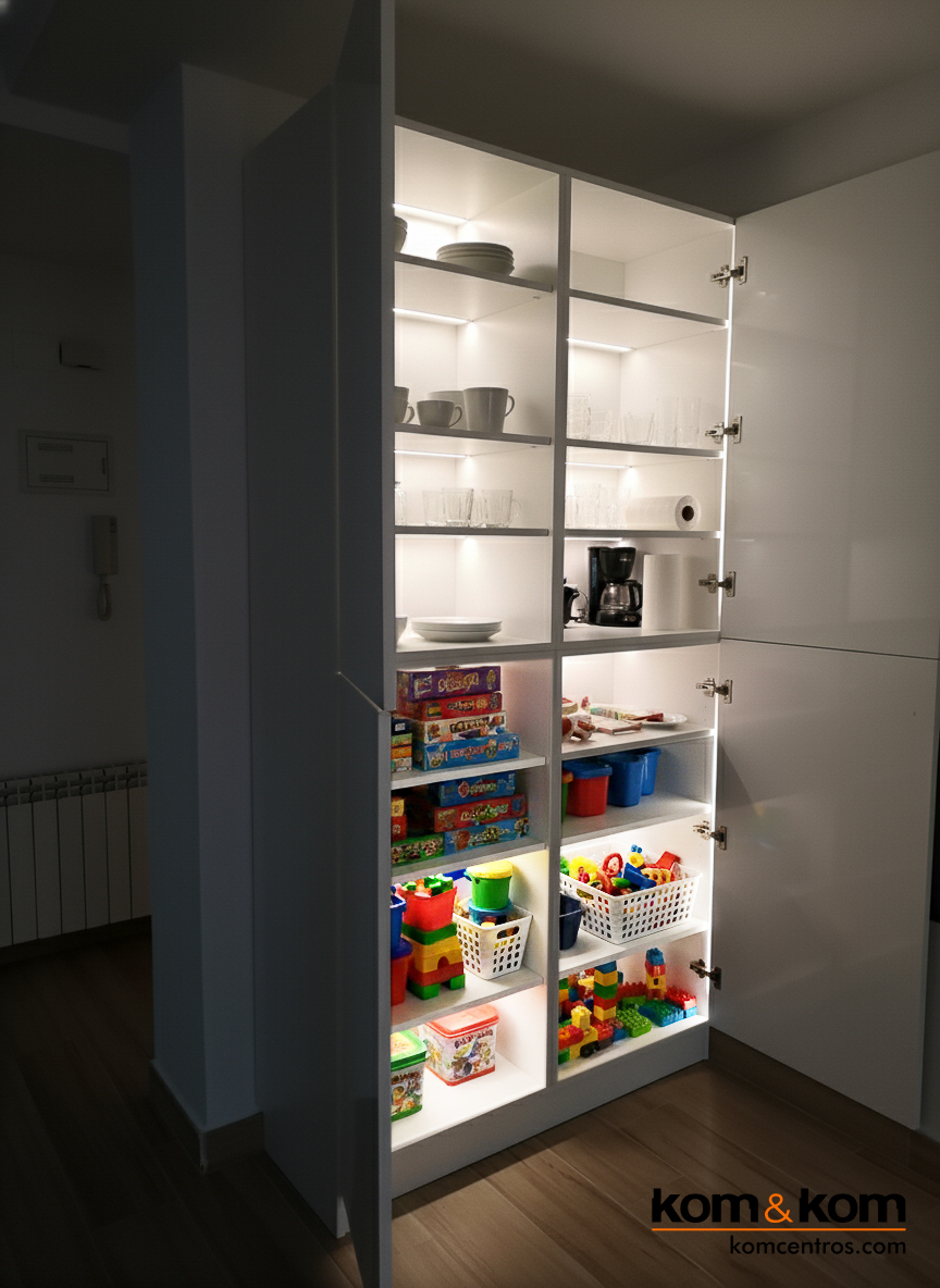 Interior de armario a medida con estantes regulables e iluminación LED integrada